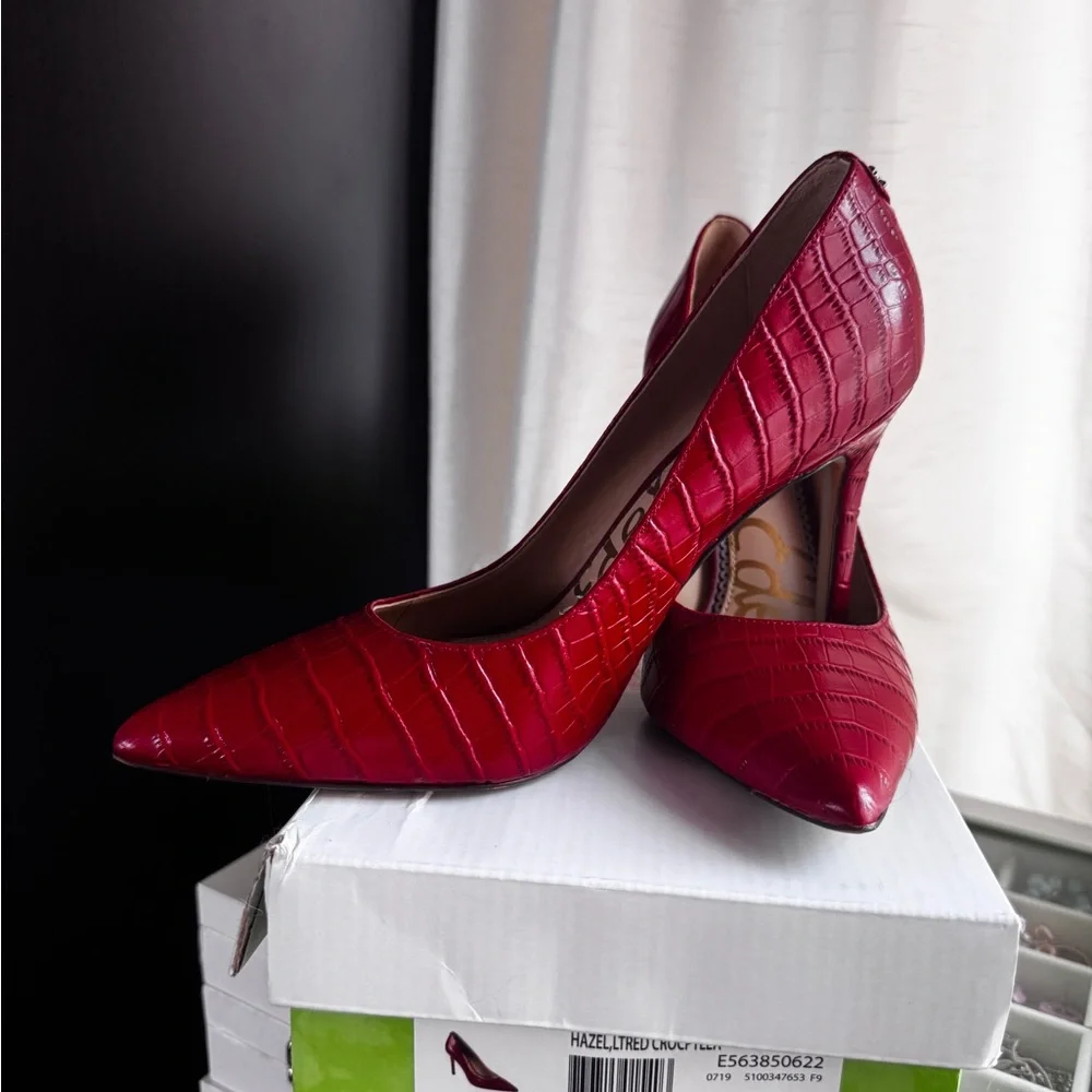 Sam Edelman Red Croc-Embossed Pointed Toe Stiletto Pumps - Picture 1 of 5